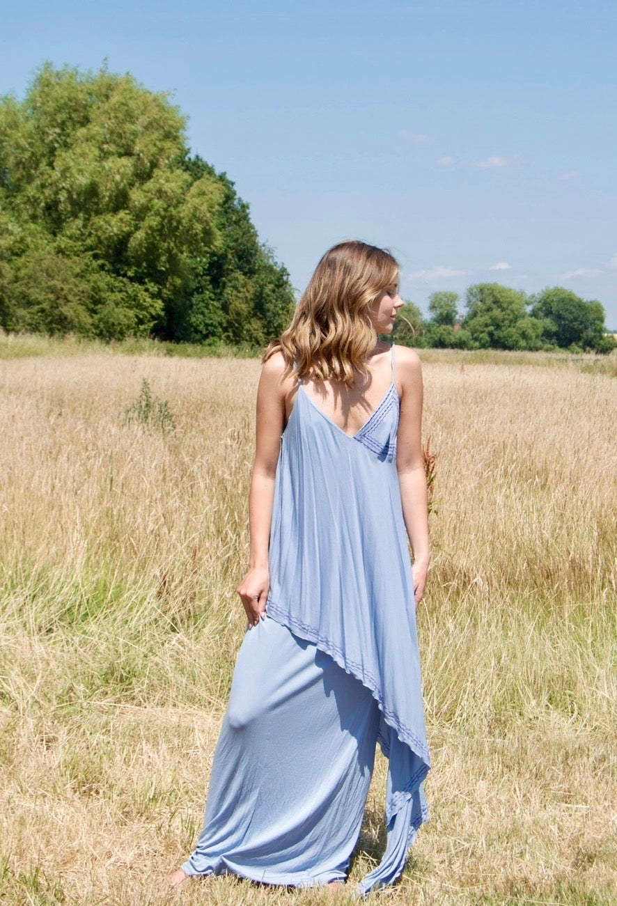 Vintage 1970s Periwinkle Blue Bohemian Maxi Dress
