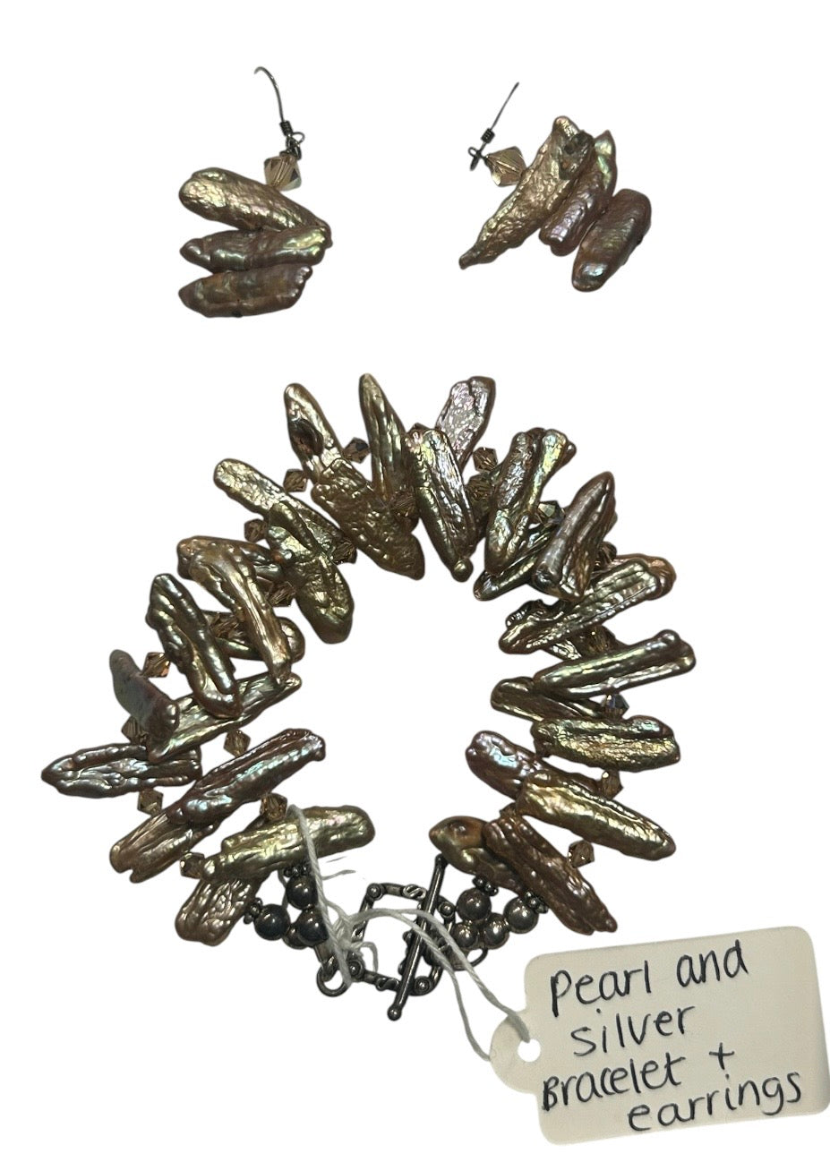 Iridescent Bronze Biwa Stick Pearl Bracelet & Earring Set – Sterling Silver